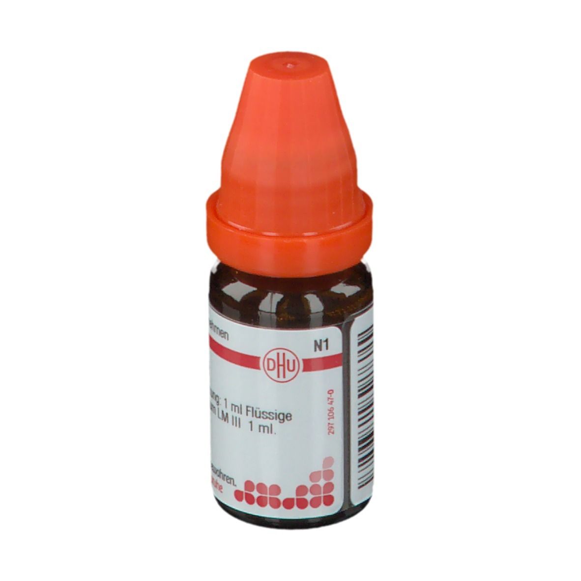 Braune Glasflasche mit orangefarbenem Verschluss. Beschriftung: DHU, N1, Natrium chloratum LM III, 1 ml.