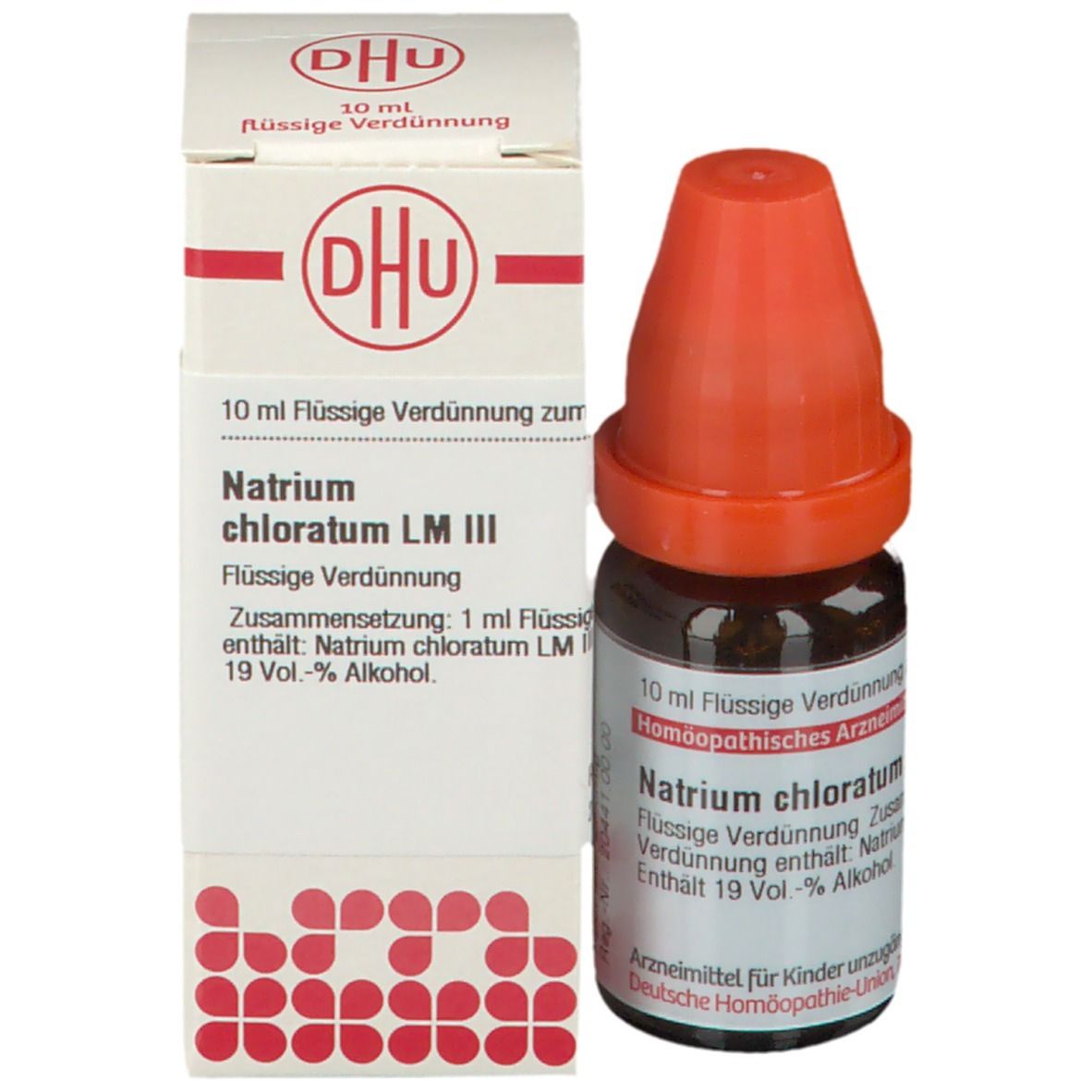 Produktverpackung und Flasche. Verpackung: DHU Logo, Natrium chloratum LM III. Flasche: orangefarbener Verschluss.