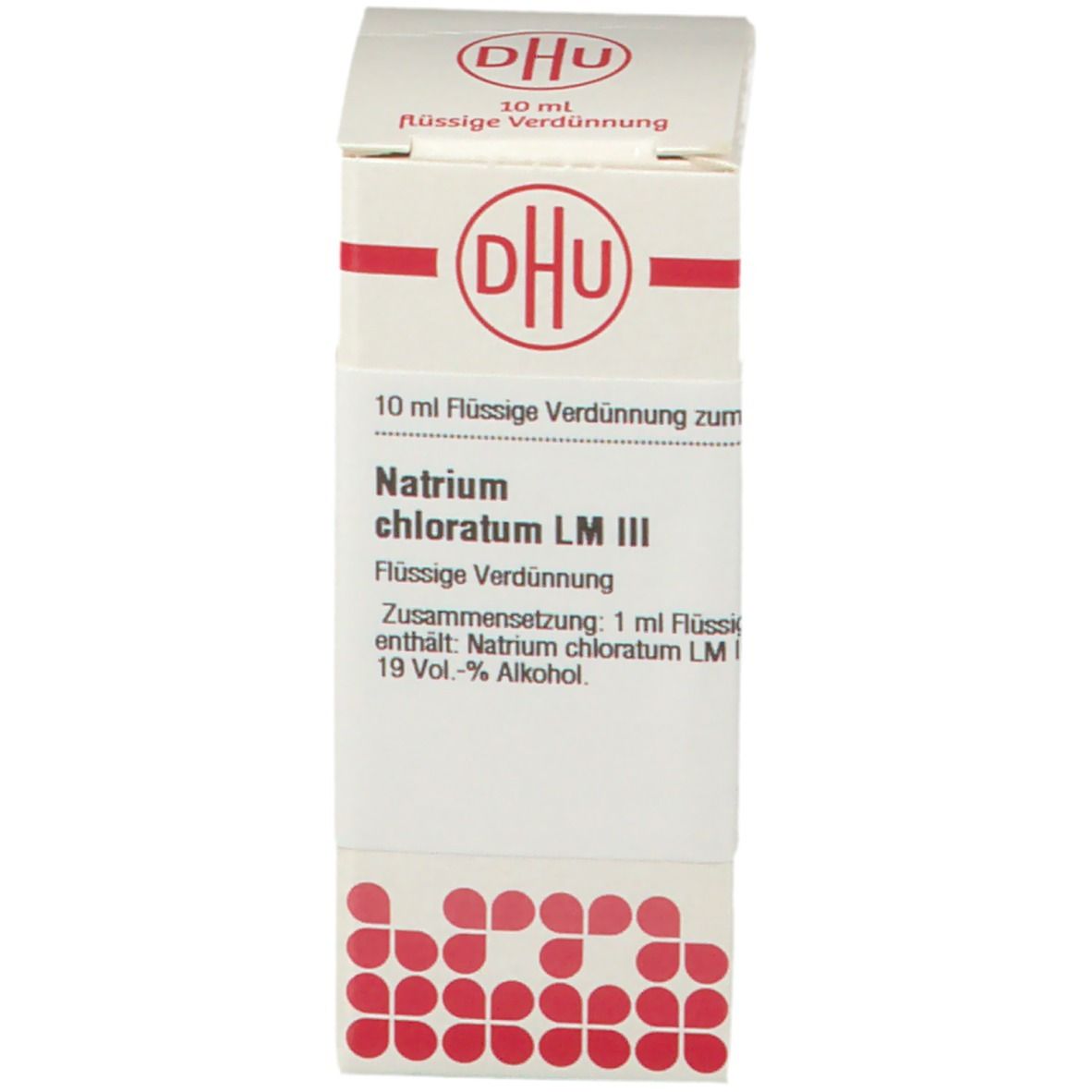 Produktverpackung. Beschriftung: DHU Logo, Natrium chloratum LM III, 10 ml flüssige Verdünnung.