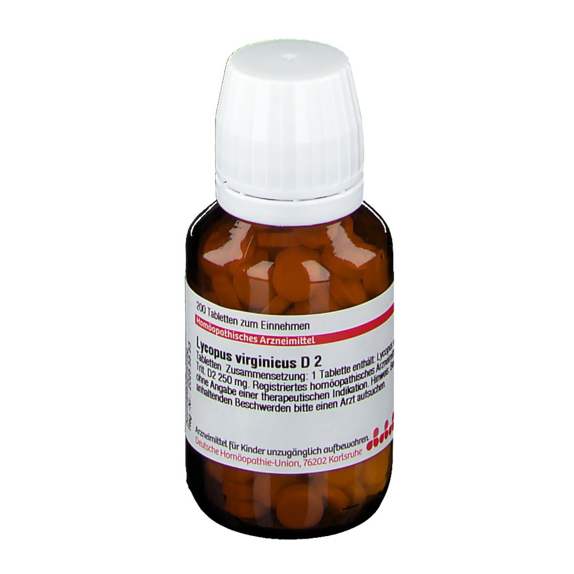 Braune Glasflasche mit weißen Deckel, gefüllt mit Tabletten. Etikett mit Produktinformationen: Lycopus virginicus D2.