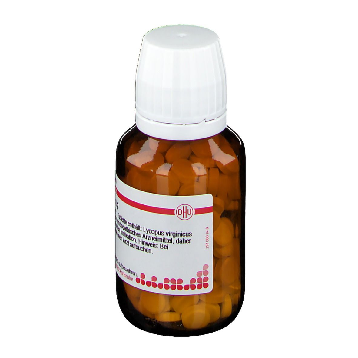 Braune Glasflasche mit weißen Deckel, gefüllt mit Tabletten. Etikett mit Produktinformationen, DHU Logo sichtbar.