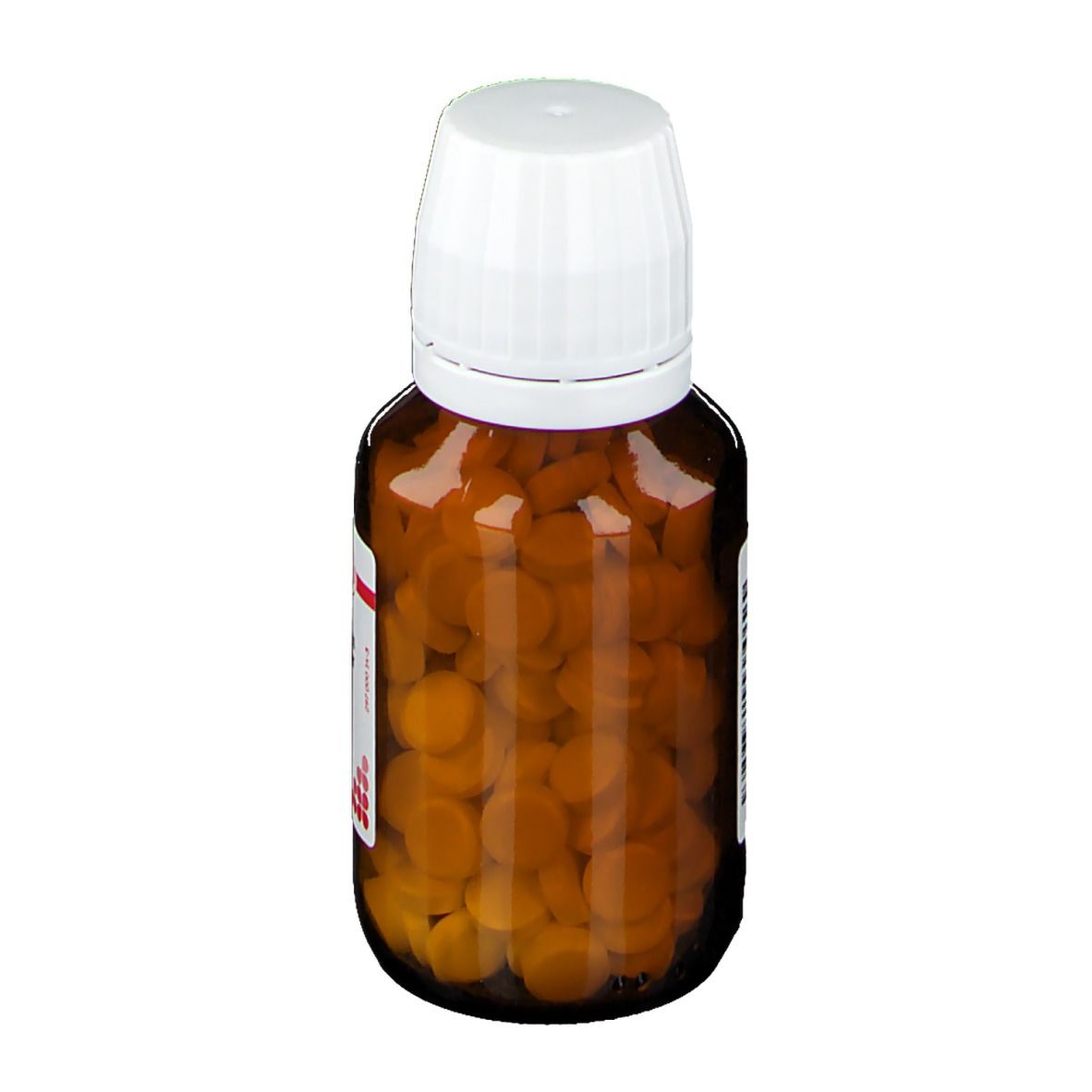 Braune Glasflasche mit weißen Deckel, gefüllt mit Tabletten. Produktinformationen auf dem Etikett.