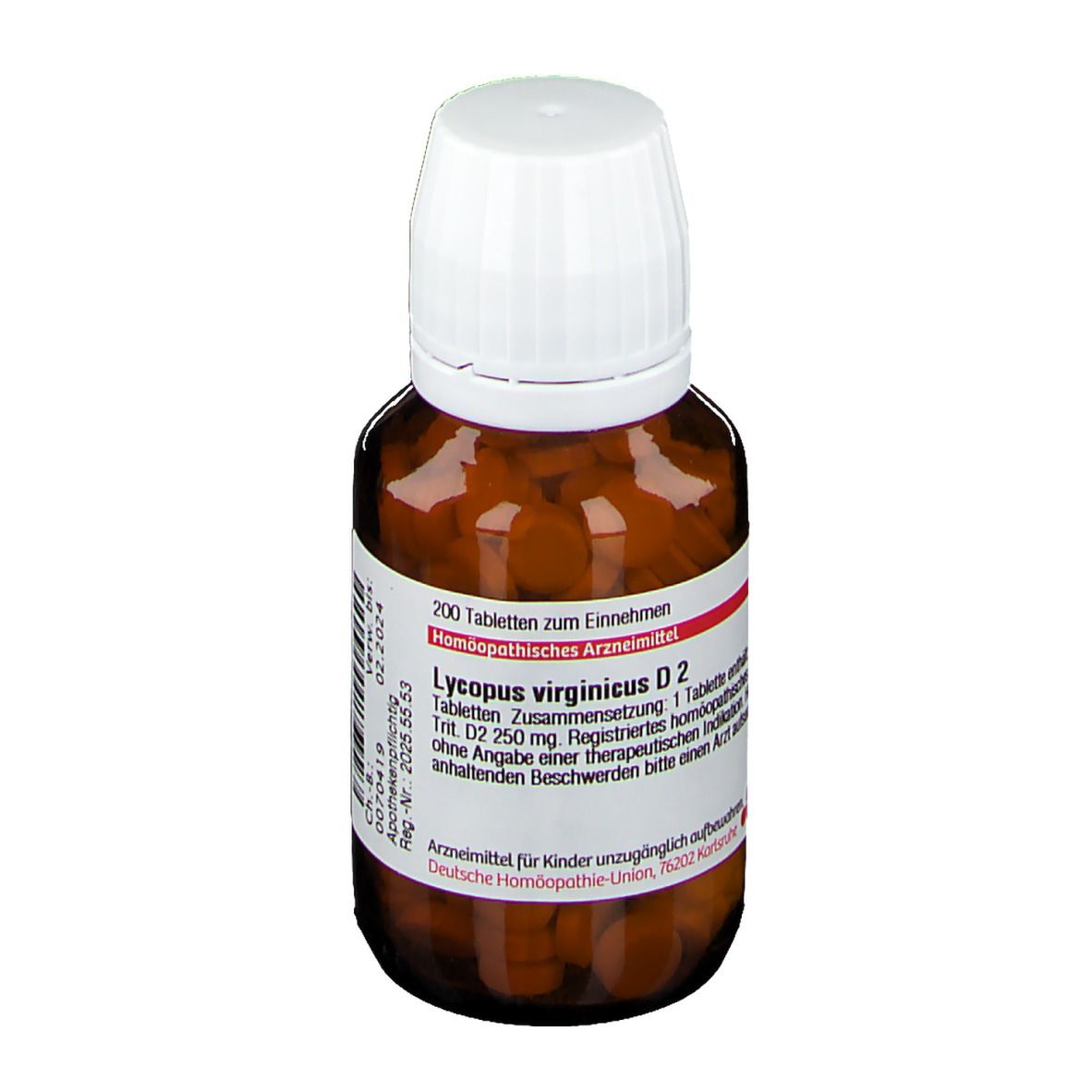 Braune Glasflasche mit weißen Deckel, gefüllt mit Tabletten. Etikett mit Produktnamen und weiteren Informationen.
