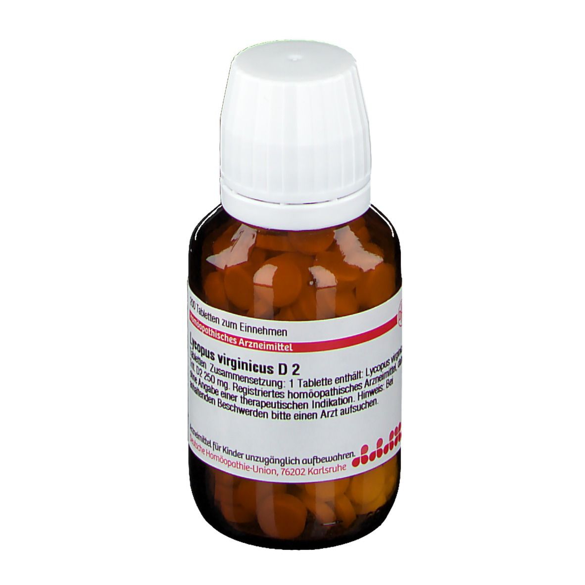 Braune Glasflasche mit weißen Deckel, gefüllt mit Tabletten. Etikett mit Produktinformationen, DHU Logo.
