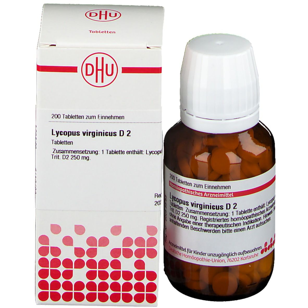Braune Glasflasche mit Tabletten und Kartonverpackung. Auf der Verpackung: DHU Logo, Produktname, Tabletten.