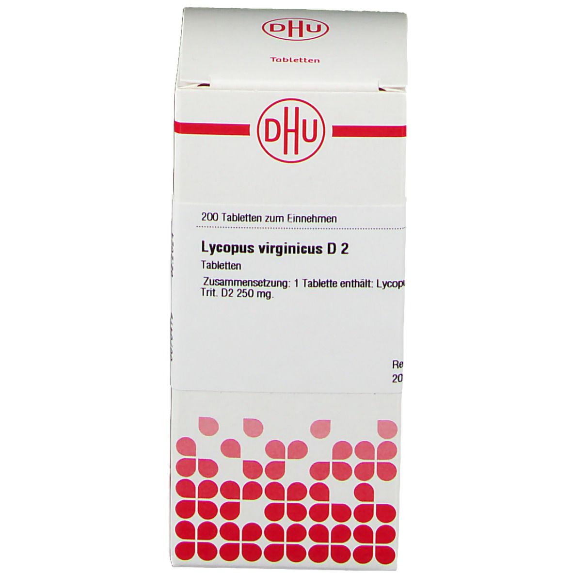 Kartonverpackung mit DHU Logo und Produktinformationen: Lycopus virginicus D2 Tabletten. 200 Tabletten.