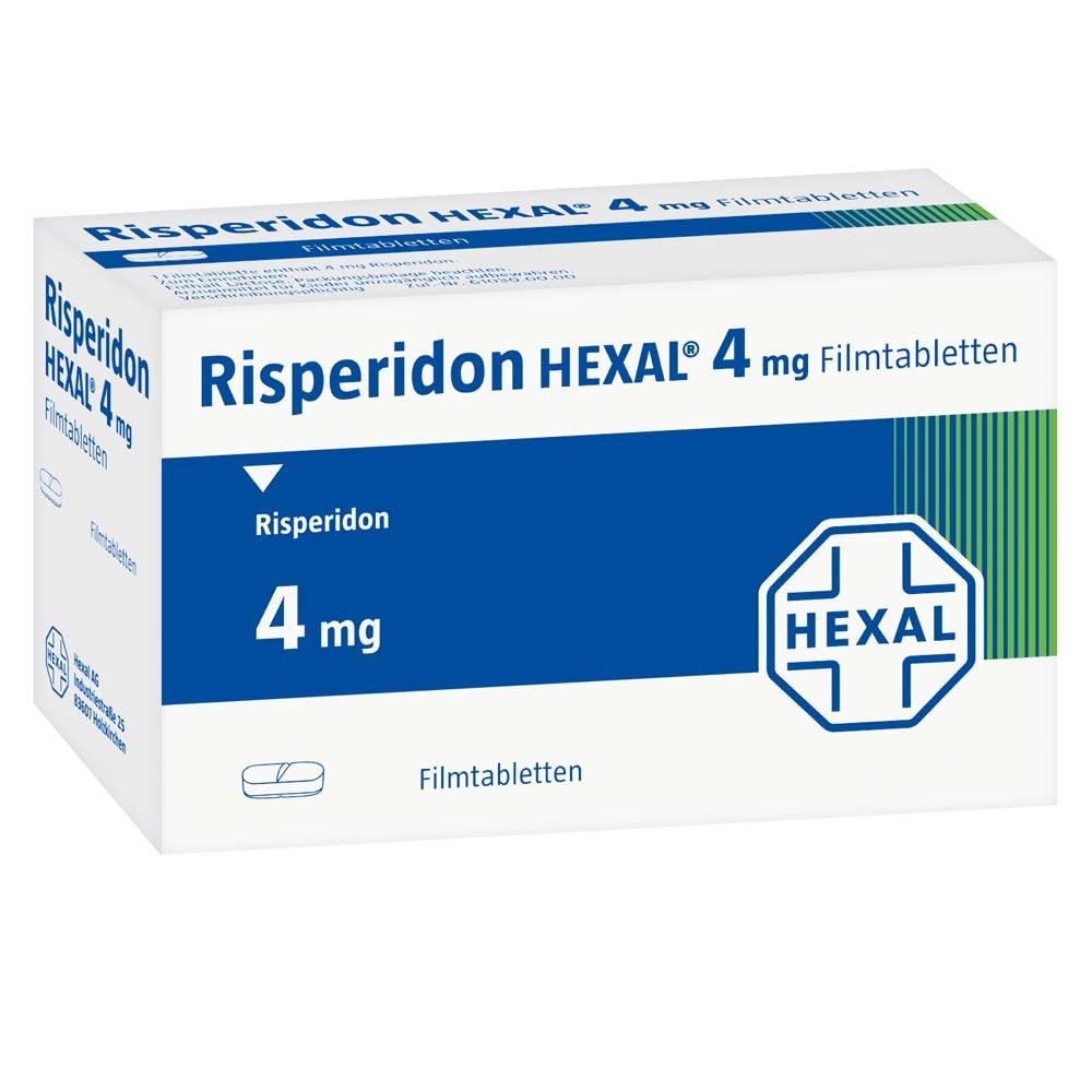 Risperidon HEXAL 4 mg Filmtabletten-Packung. Weiße Schachtel mit blauer Fläche und Schriftzug. HEXAL-Logo.