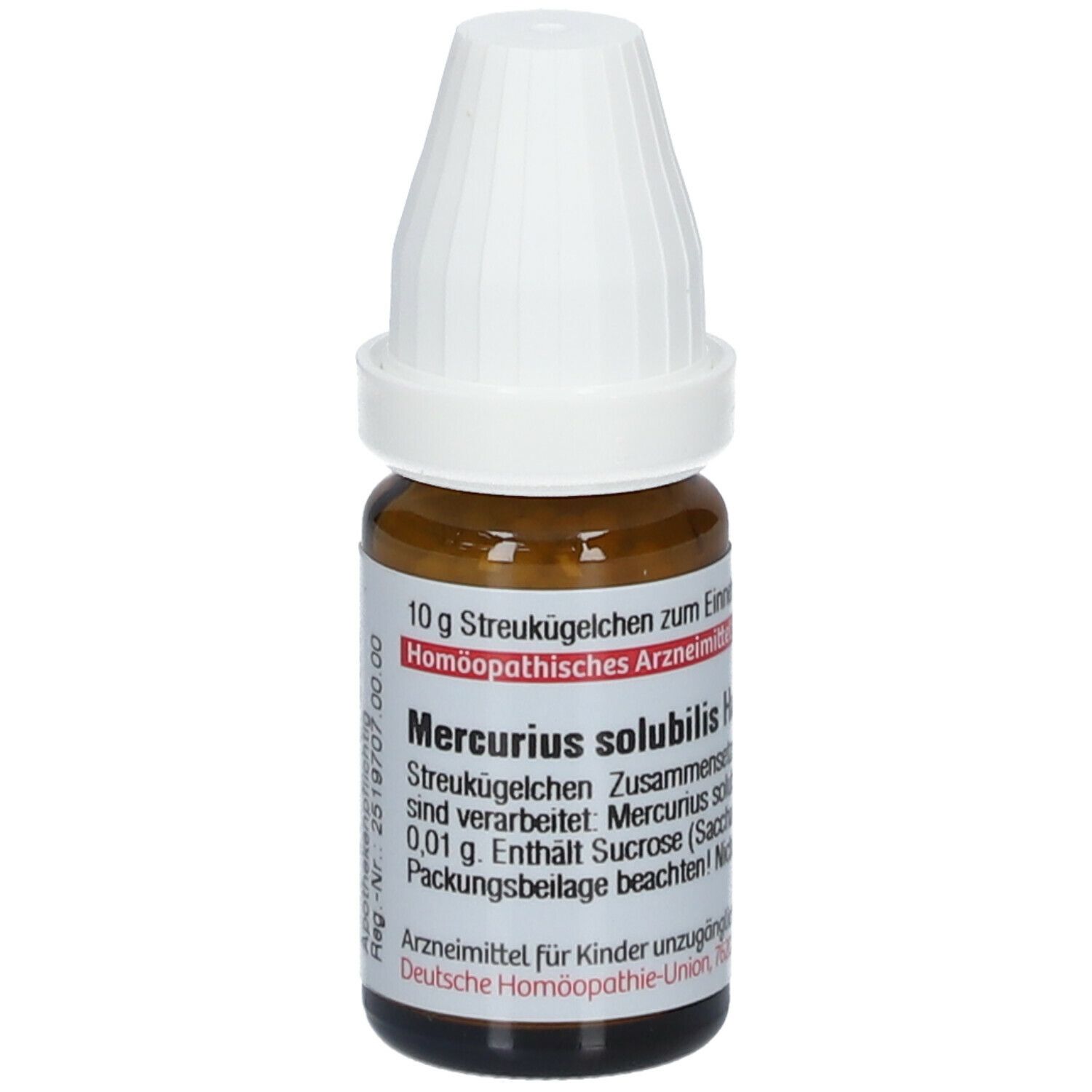 Braune Glasflasche mit weißem Deckel. Beschriftung: Mercurius solubilis Hahnemanni D15, 10 g Streukügelchen.