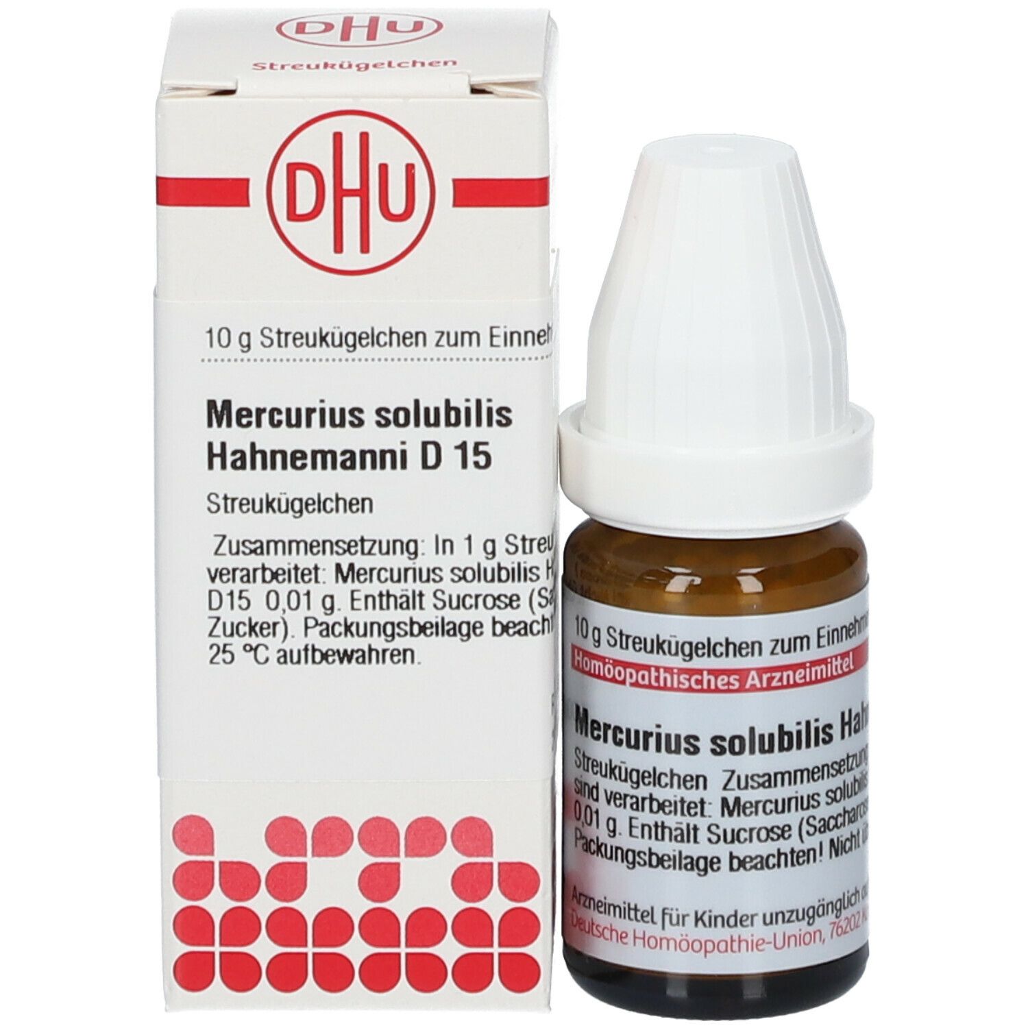Produktverpackung und Flasche. Verpackung: Mercurius solubilis Hahnemanni D15, 10 g Streukügelchen. DHU Logo.