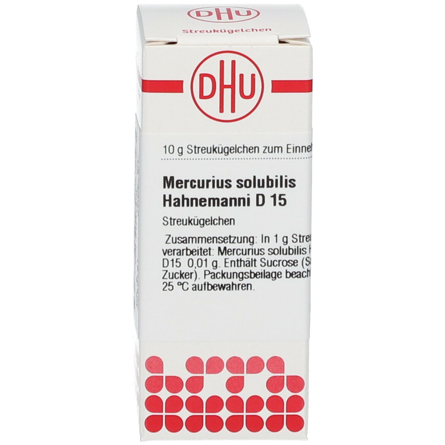 Produktverpackung. Beschriftung: Mercurius solubilis Hahnemanni D15, 10 g Streukügelchen. DHU Logo.