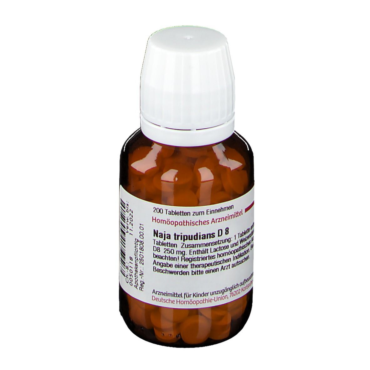 Braune Glasflasche mit weißen Deckel. Etikett mit Produktinformationen: Naja tripudians D8. Tabletten im Inneren sichtbar.