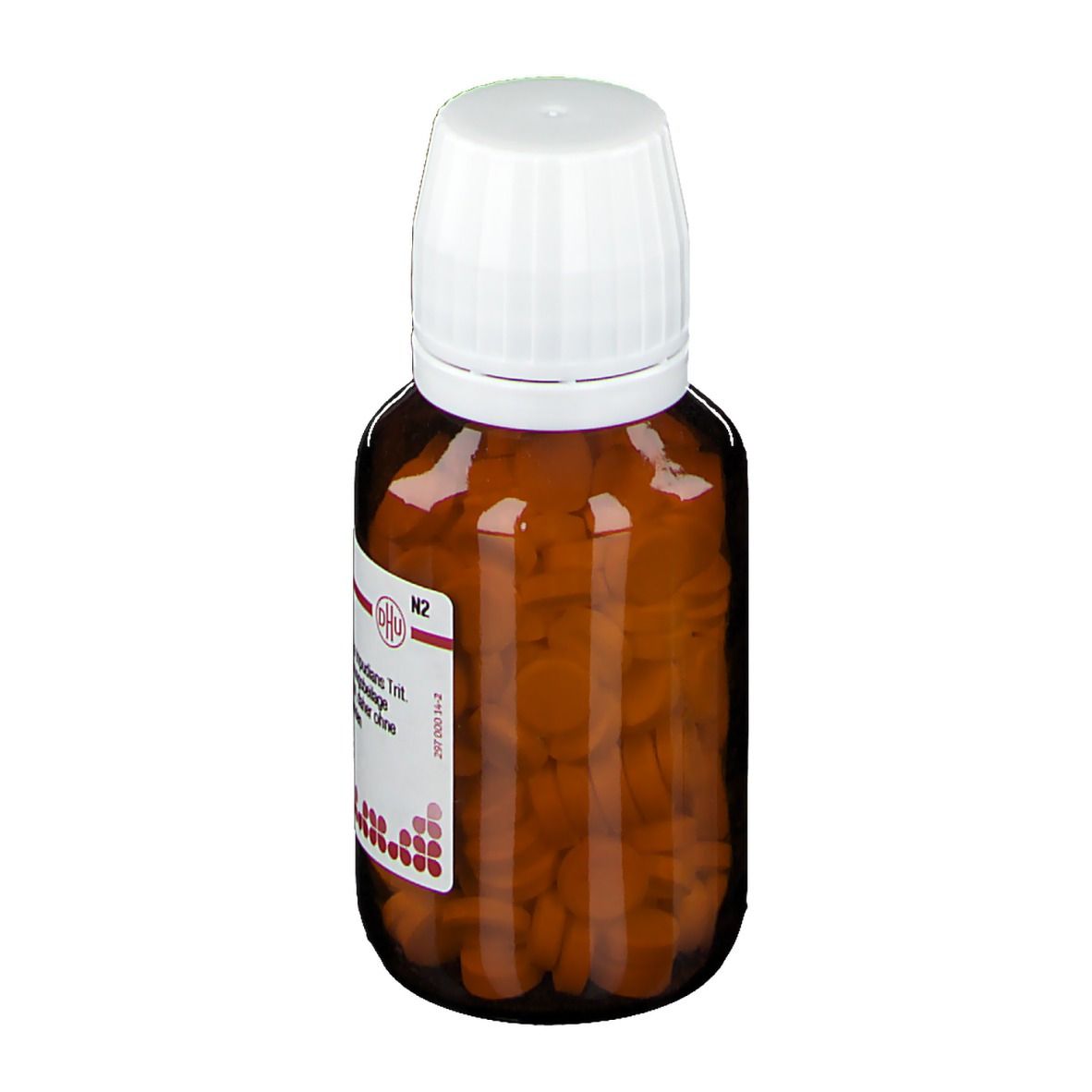 Braune Glasflasche mit weißen Deckel. Etikett mit Produktinformationen. Tabletten im Inneren sichtbar.