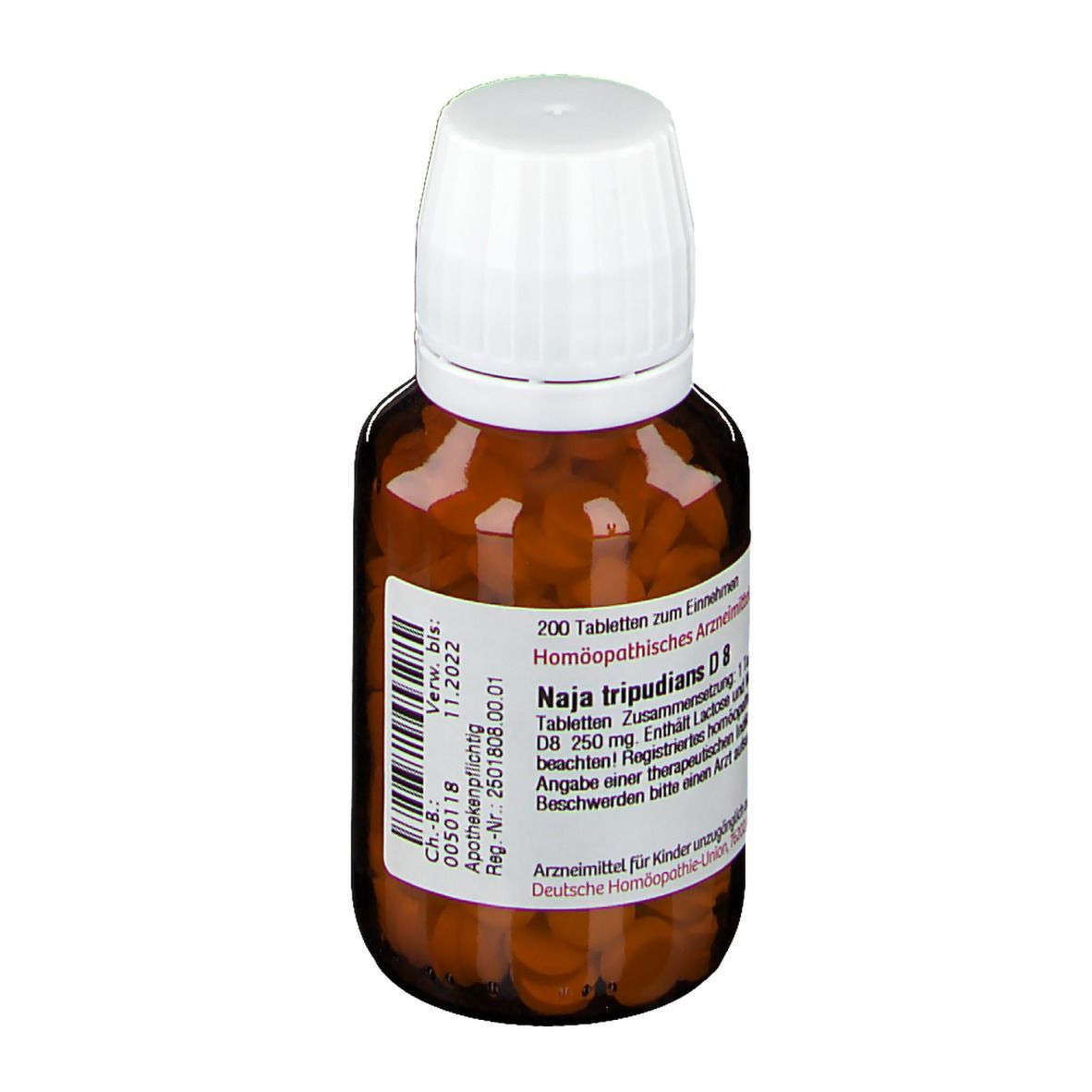 Braune Glasflasche mit weißen Deckel. Etikett mit Produktinformationen: Naja tripudians D8. Tabletten im Inneren sichtbar.