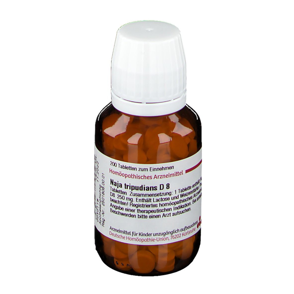Braune Glasflasche mit weißen Deckel. Etikett mit Produktinformationen: Naja tripudians D8. Tabletten im Inneren sichtbar.