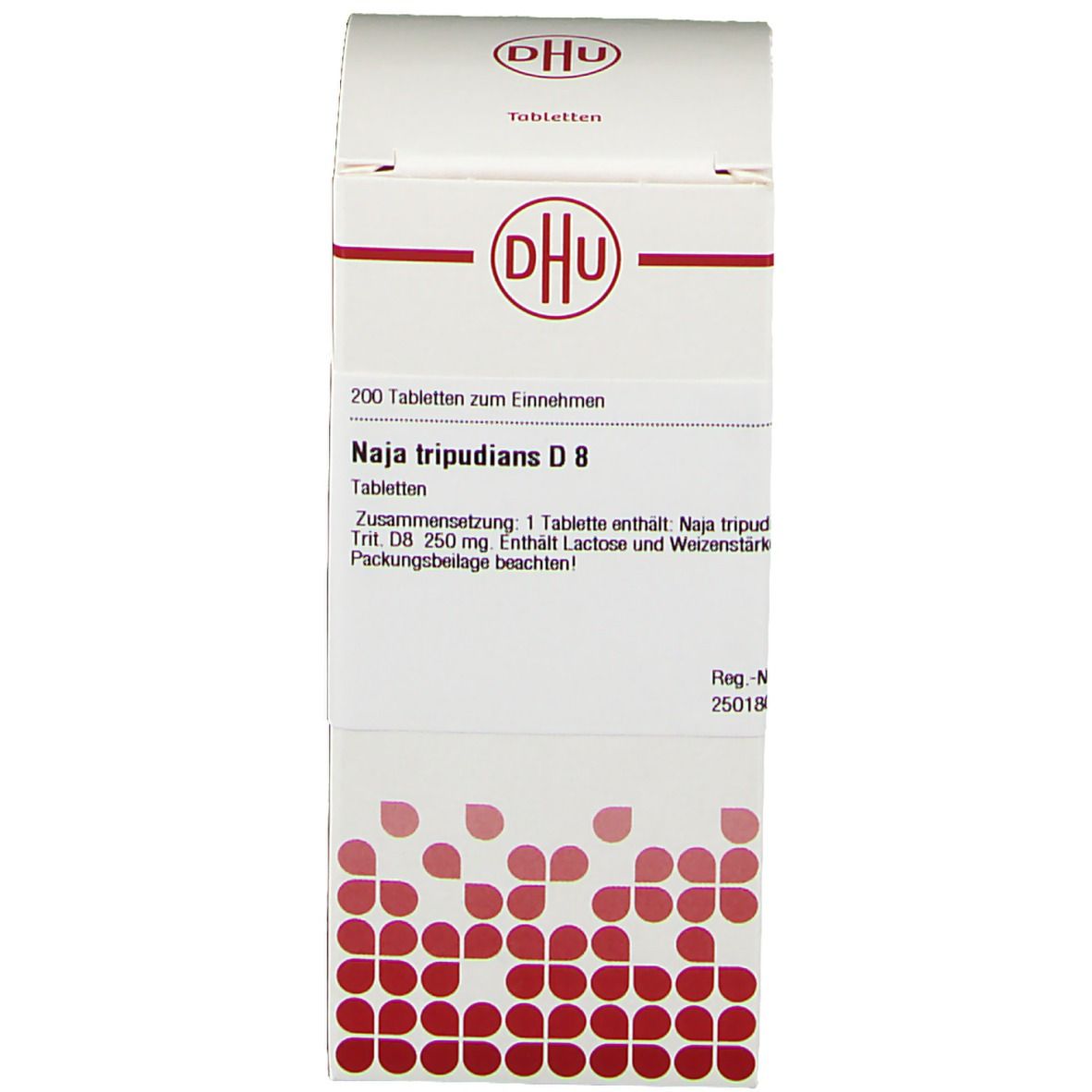Produktverpackung. Auf der Verpackung steht DHU. Aufdruck: Naja tripudians D8.