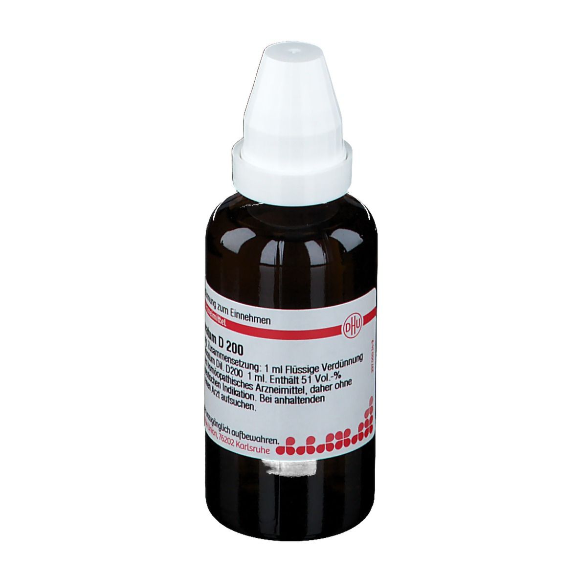 Braune Glasflasche mit weißem Verschluss. Etikett mit Produktinformationen: Natrium chloratum D 200.