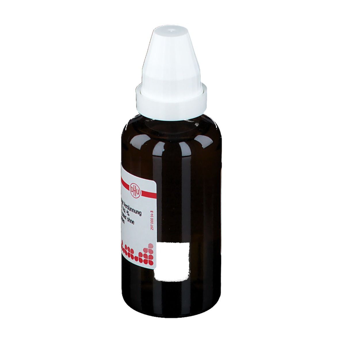 Braune Glasflasche mit weißem Verschluss. Etikett mit Produktinformationen. Teilweise verdeckt.