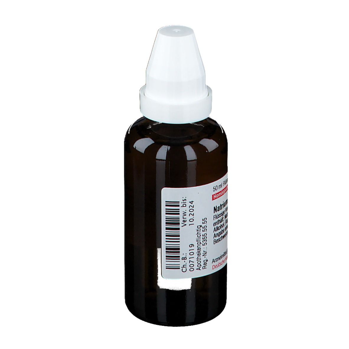 Braune Glasflasche mit weißem Verschluss. Etikett mit Verfallsdatum und Chargennummer.