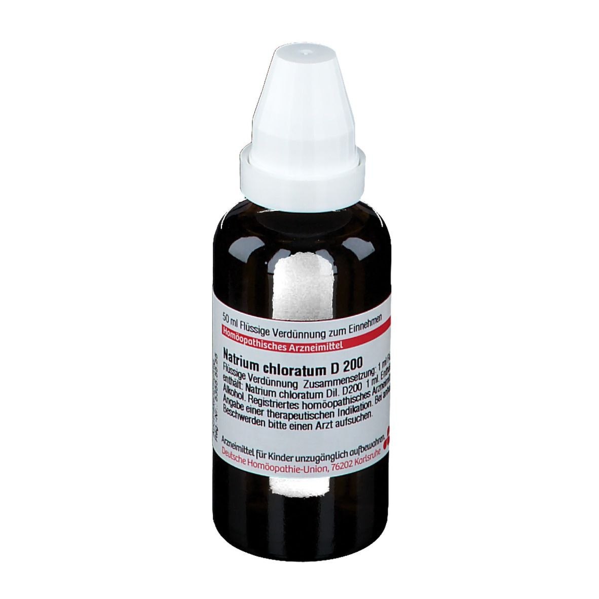Braune Glasflasche mit weißem Verschluss. Etikett mit Produktinformationen: Natrium chloratum D 200.