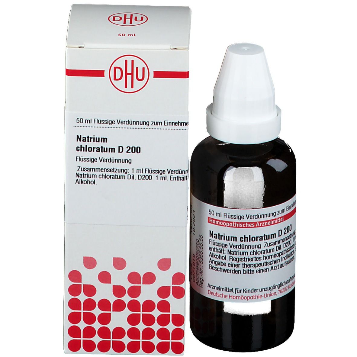 Braune Glasflasche mit weißem Verschluss neben weißer Verpackung. Produktname: Natrium chloratum D 200.