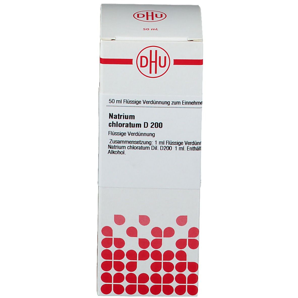 Weiße Verpackung mit Produktinformationen. Produktname: Natrium chloratum D 200. Logo: DHU.