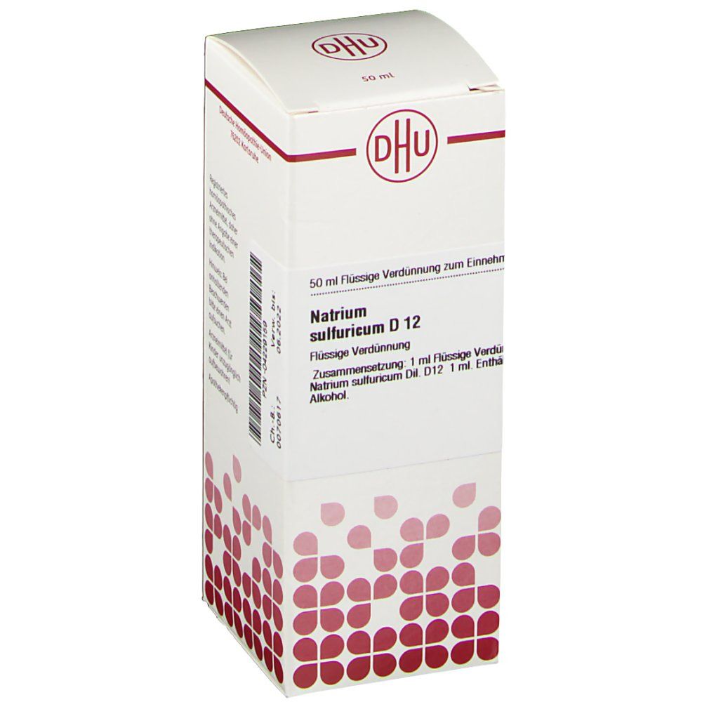 Weiße Faltschachtel mit DHU-Logo und Produktbezeichnung Natrium sulfuricum D 12. Rote grafische Elemente. 50 ml Flüssige Verdünnung.
