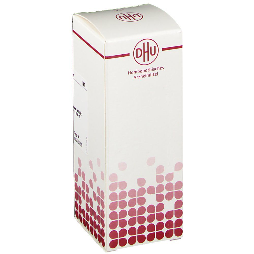 Weiße Faltschachtel mit DHU-Logo und Aufschrift 'Homöopathisches Arzneimittel'. Rote grafische Elemente.