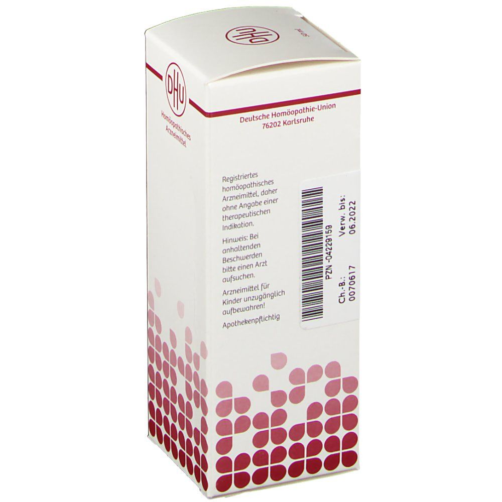 Weiße Faltschachtel mit DHU-Logo und Text. Barcode und Verfallsdatum 06.2022. Rote grafische Elemente.