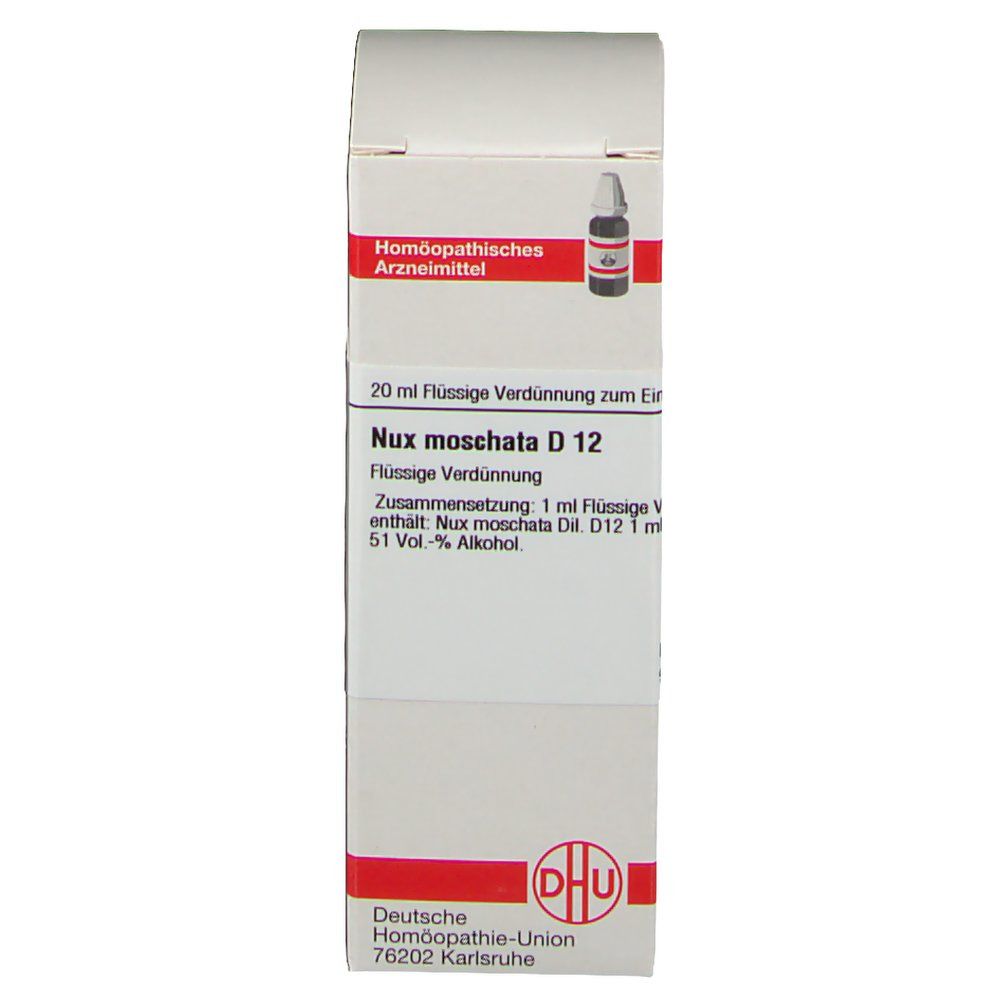 Weiße Schachtel mit roter Umrandung. Aufschrift: Nux moschata D12. DHU-Logo unten.