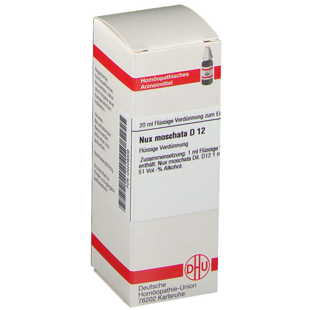 Weiße Schachtel mit roter Umrandung. Aufschrift: Nux moschata D12. DHU-Logo unten.
