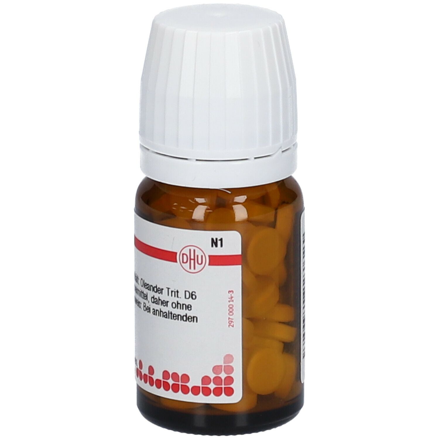Braune Glasflasche mit weißen Deckel. Etikett mit Text: DHU Oleander Trit. D6. Tabletten sichtbar.
