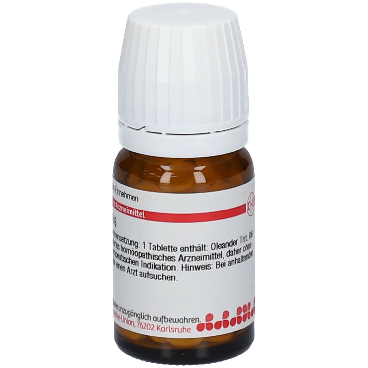 Braune Glasflasche mit weißen Deckel. Etikett mit Text: Oleander D6. Homöopathisches Arzneimittel. Tabletten sichtbar.