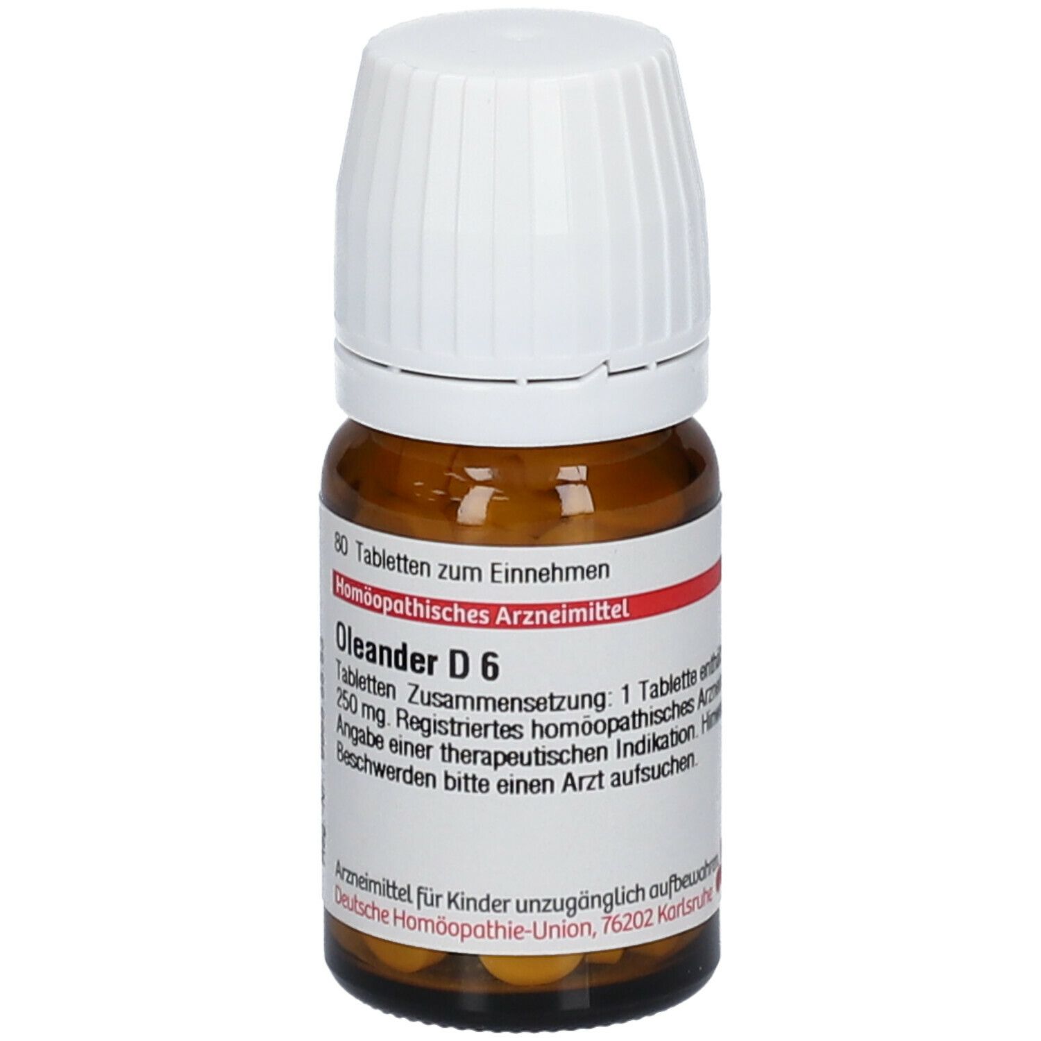 Braune Glasflasche mit weißen Deckel. Etikett mit Text: Oleander D6, 80 Tabletten. Homöopathisches Arzneimittel. Tabletten.