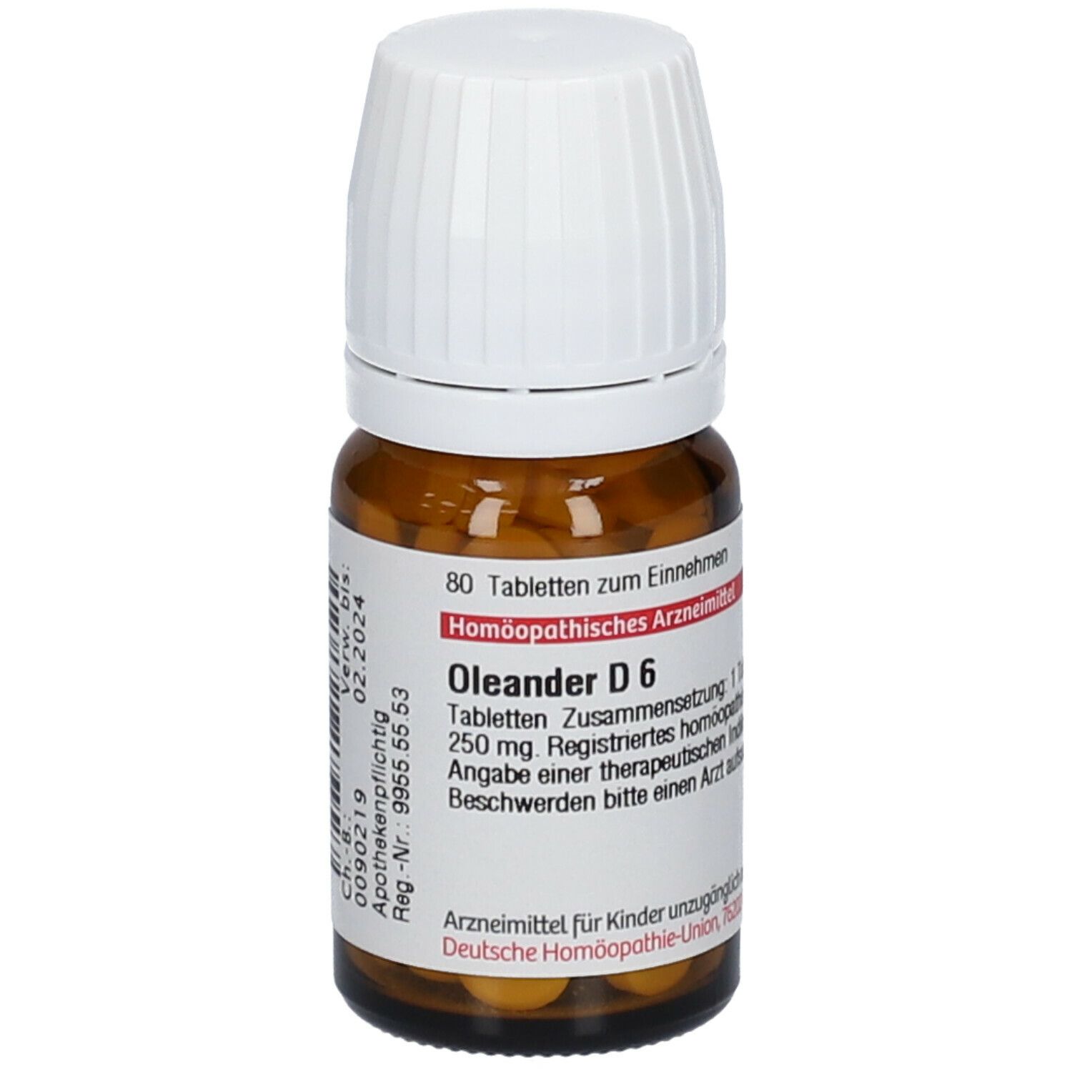 Braune Glasflasche mit weißen Deckel. Etikett mit Text: Oleander D6, 80 Tabletten. Haltbarkeit bis 02.2024. Tabletten.