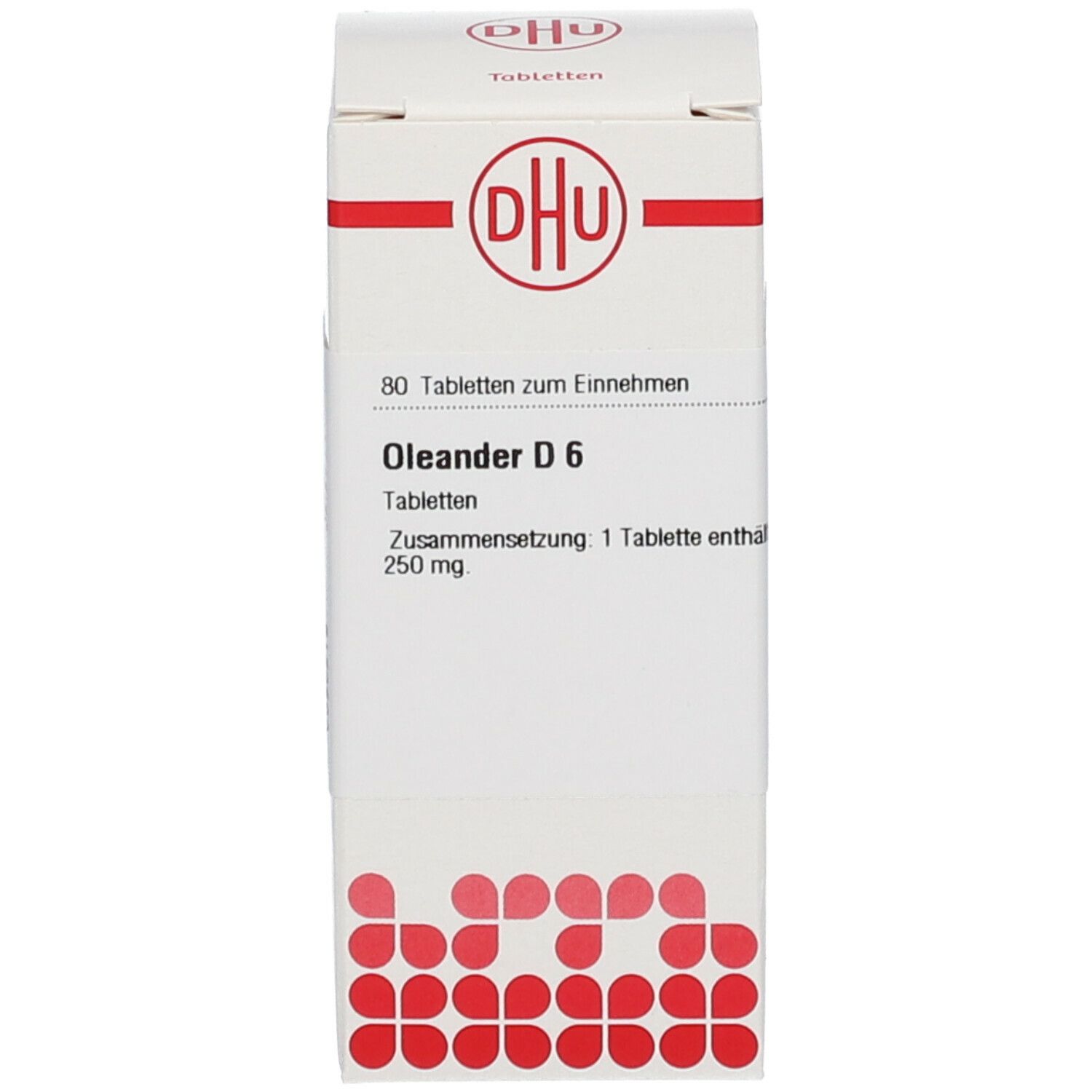 Weiße Verpackung mit Text: DHU, 80 Tabletten zum Einnehmen, Oleander D6. Rote und weiße grafische Elemente.
