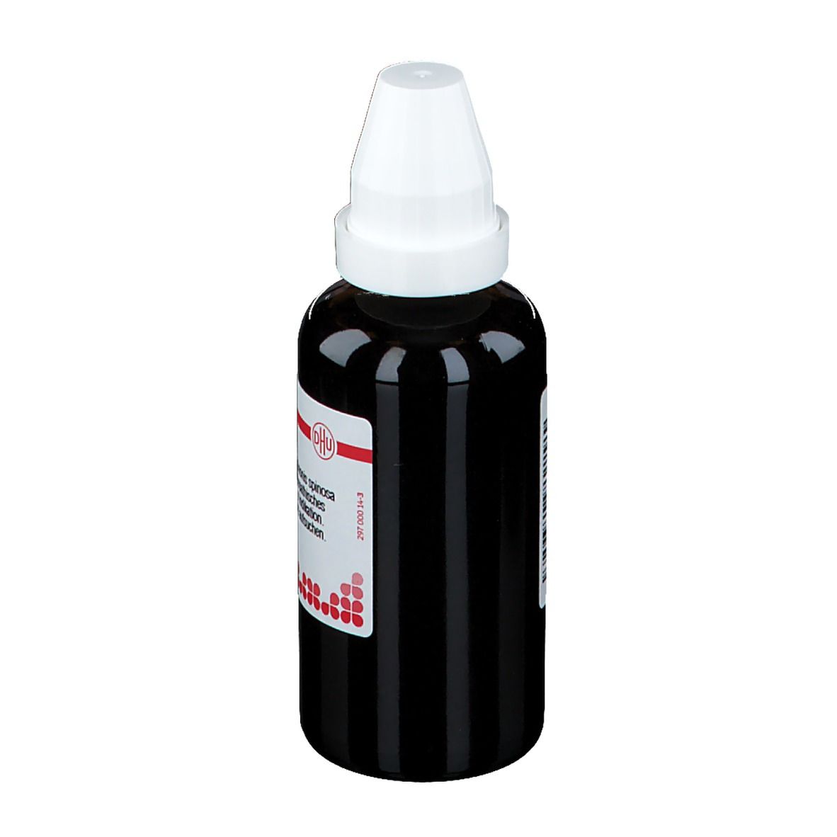 Braune Glasflasche mit weißem Deckel. Etikett mit Text. Tropfflasche.