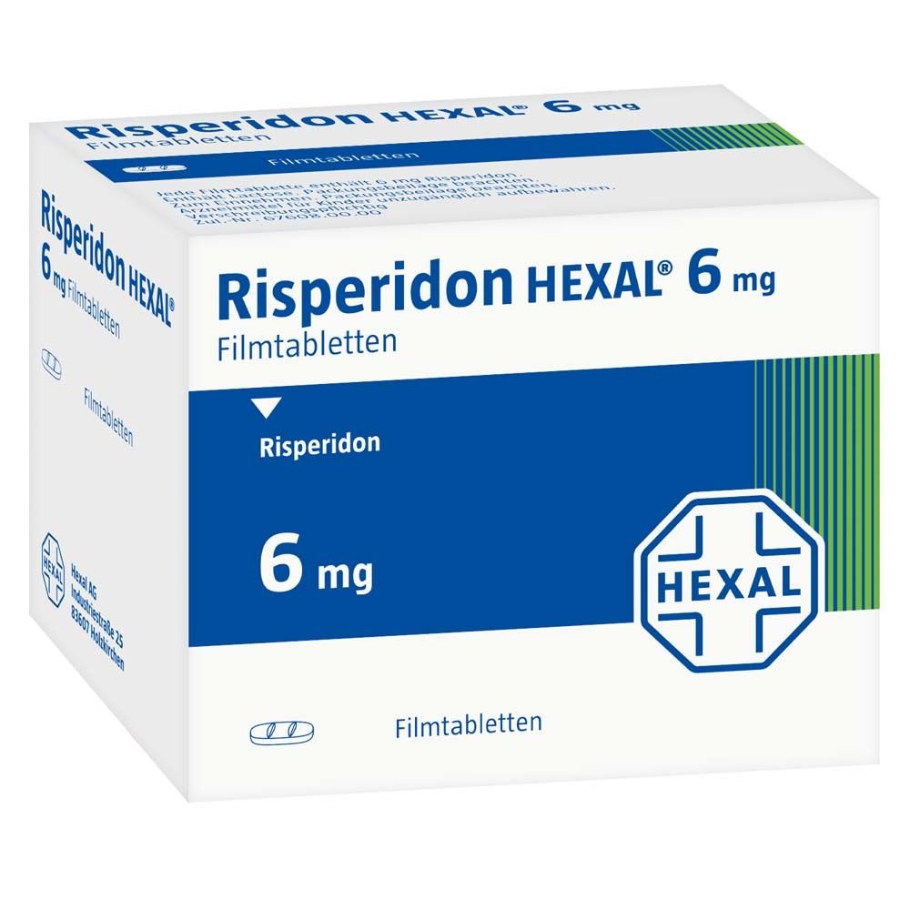 Risperidon HEXAL 6 mg Filmtabletten-Packung. Weiße Schachtel mit blauem Feld. Schriftzug: Risperidon HEXAL 6 mg, Filmtabletten, 6 mg.