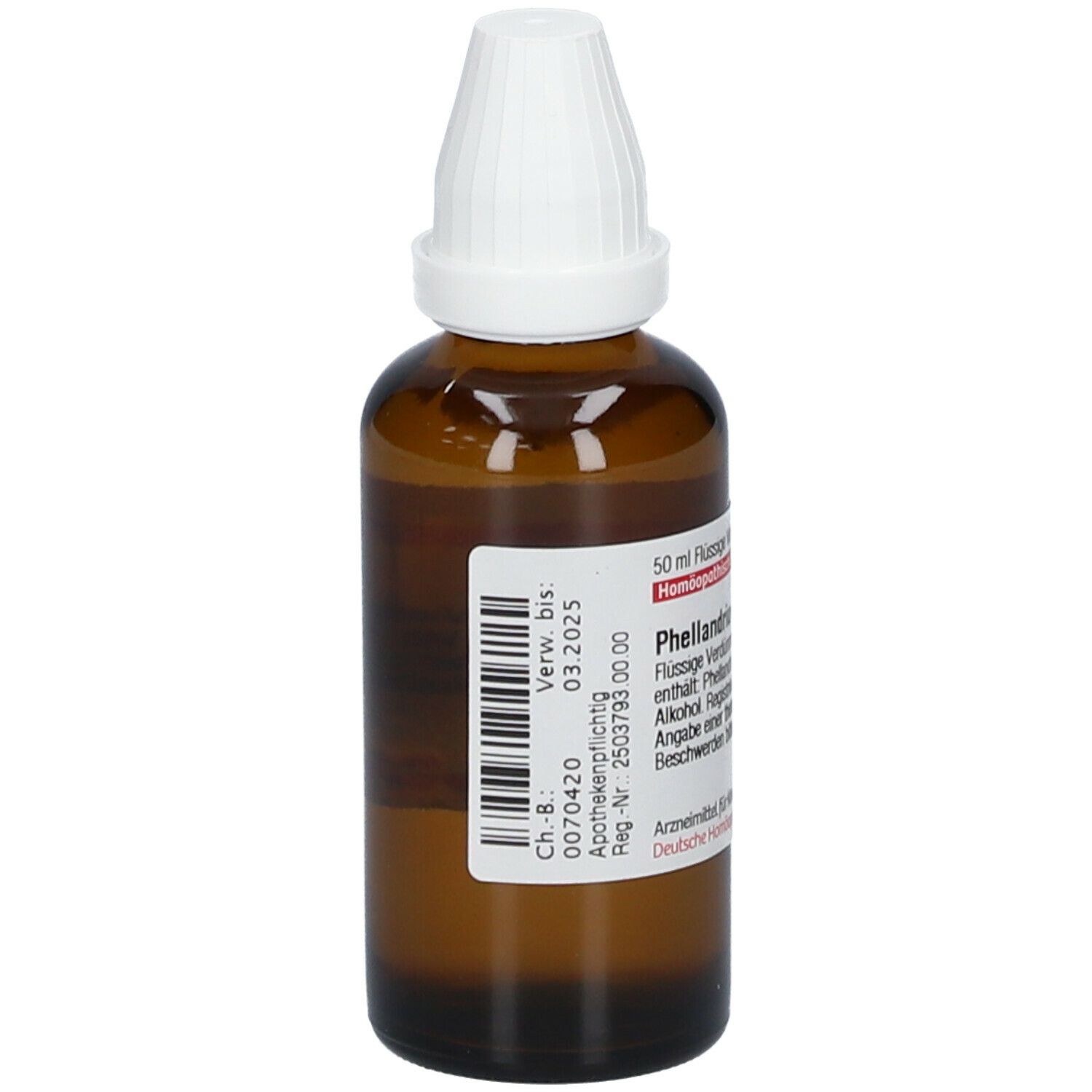 Braune Glasflasche mit weißem Verschluss. Etikett mit Produktinformationen. Apothekenpflichtig.