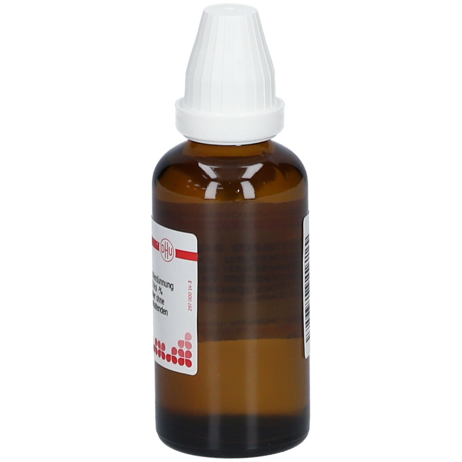 Braune Glasflasche mit weißem Verschluss. Etikett mit Produktinformationen. DHU-Logo sichtbar.