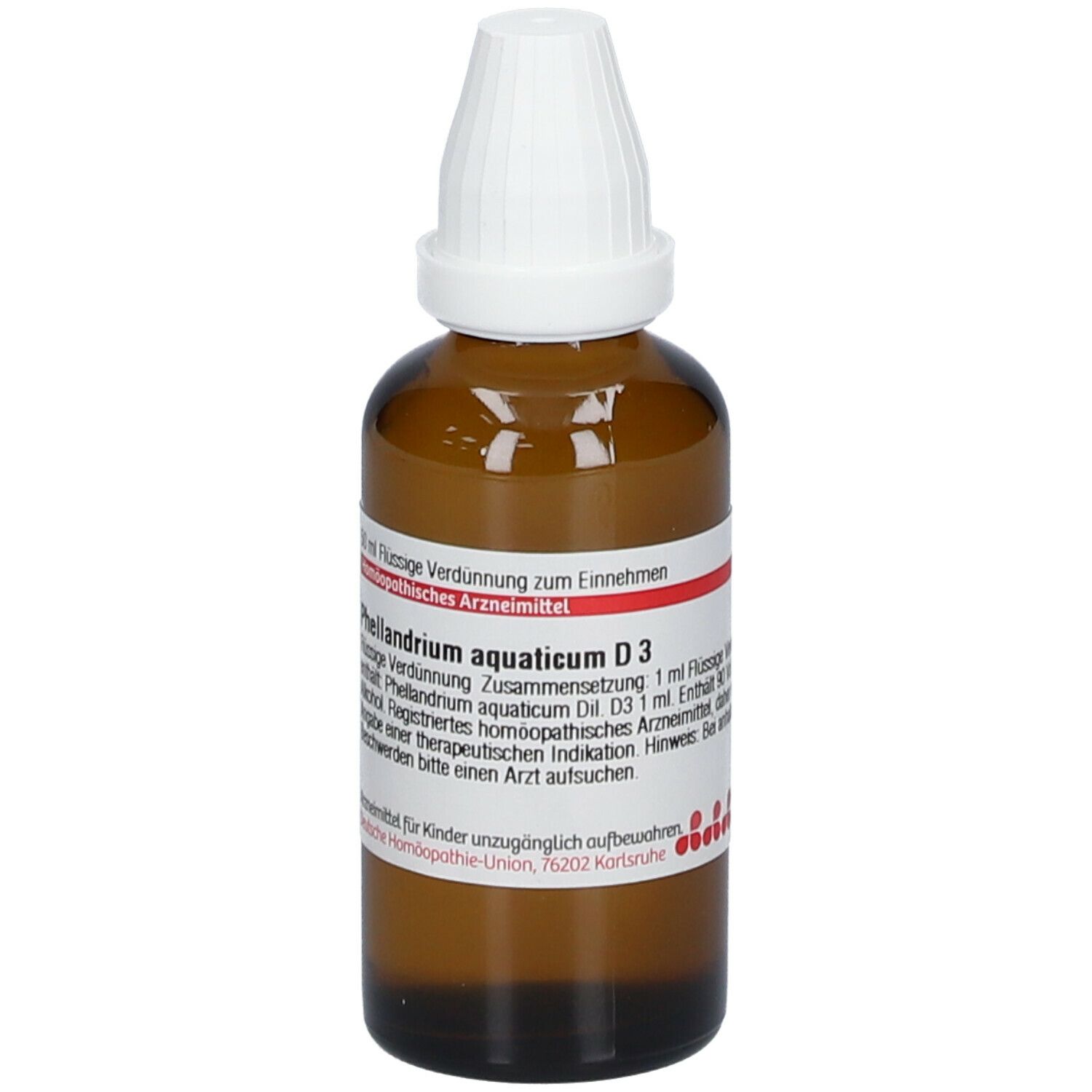 Braune Glasflasche mit weißem Verschluss. Etikett mit Produktnamen: Phellandrium aquaticum D3.
