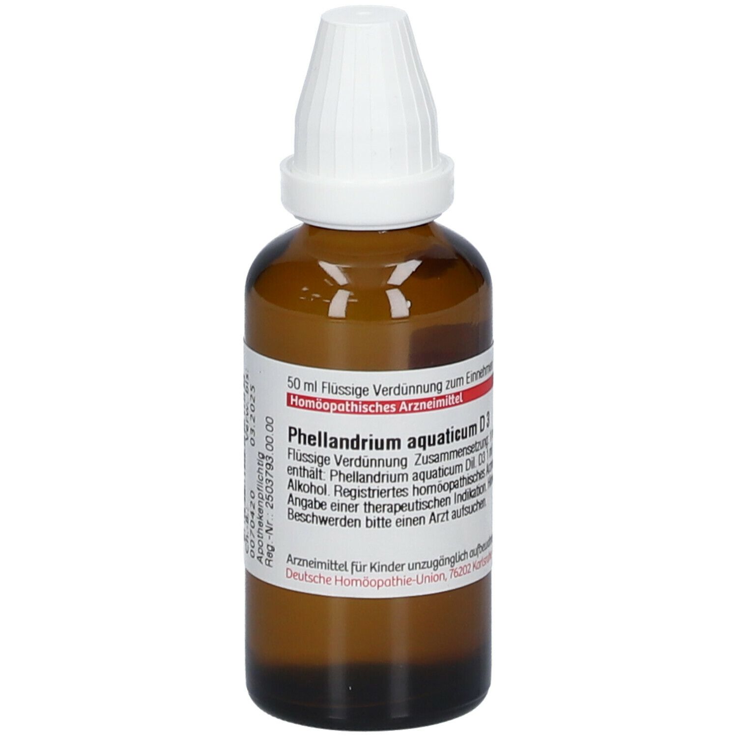 Braune Glasflasche mit weißem Verschluss. Etikett mit Produktinformationen und dem Namen Phellandrium aquaticum D3.