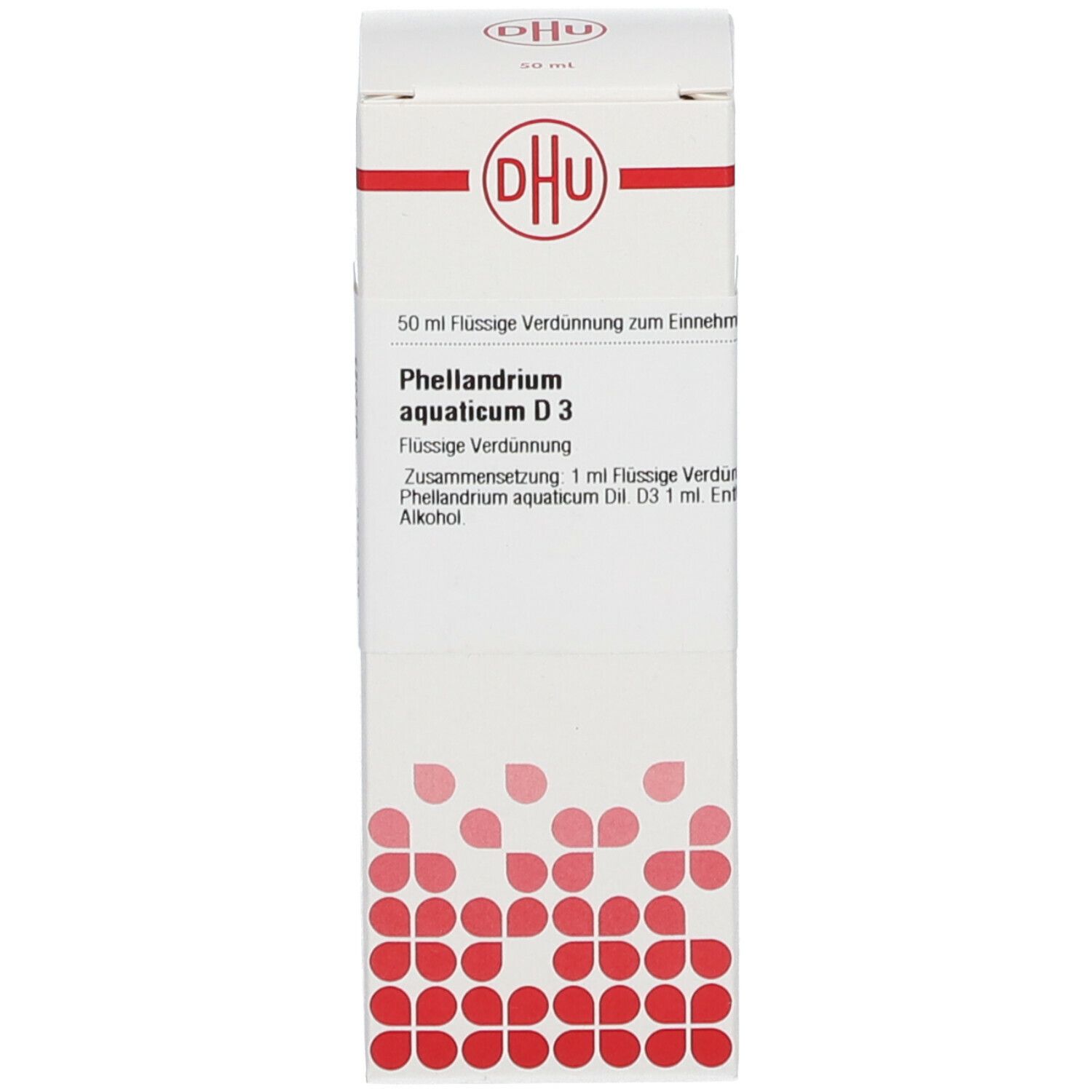 Weiße Verpackung mit DHU-Logo und Produktinformationen. Rote Punkte auf der Vorderseite.
