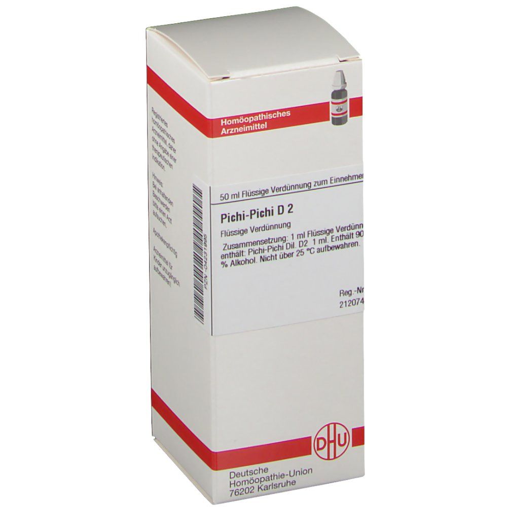 Weiße Schachtel mit roter Umrandung. Aufschrift: Pichi-Pichi D 2. DHU-Logo unten rechts.