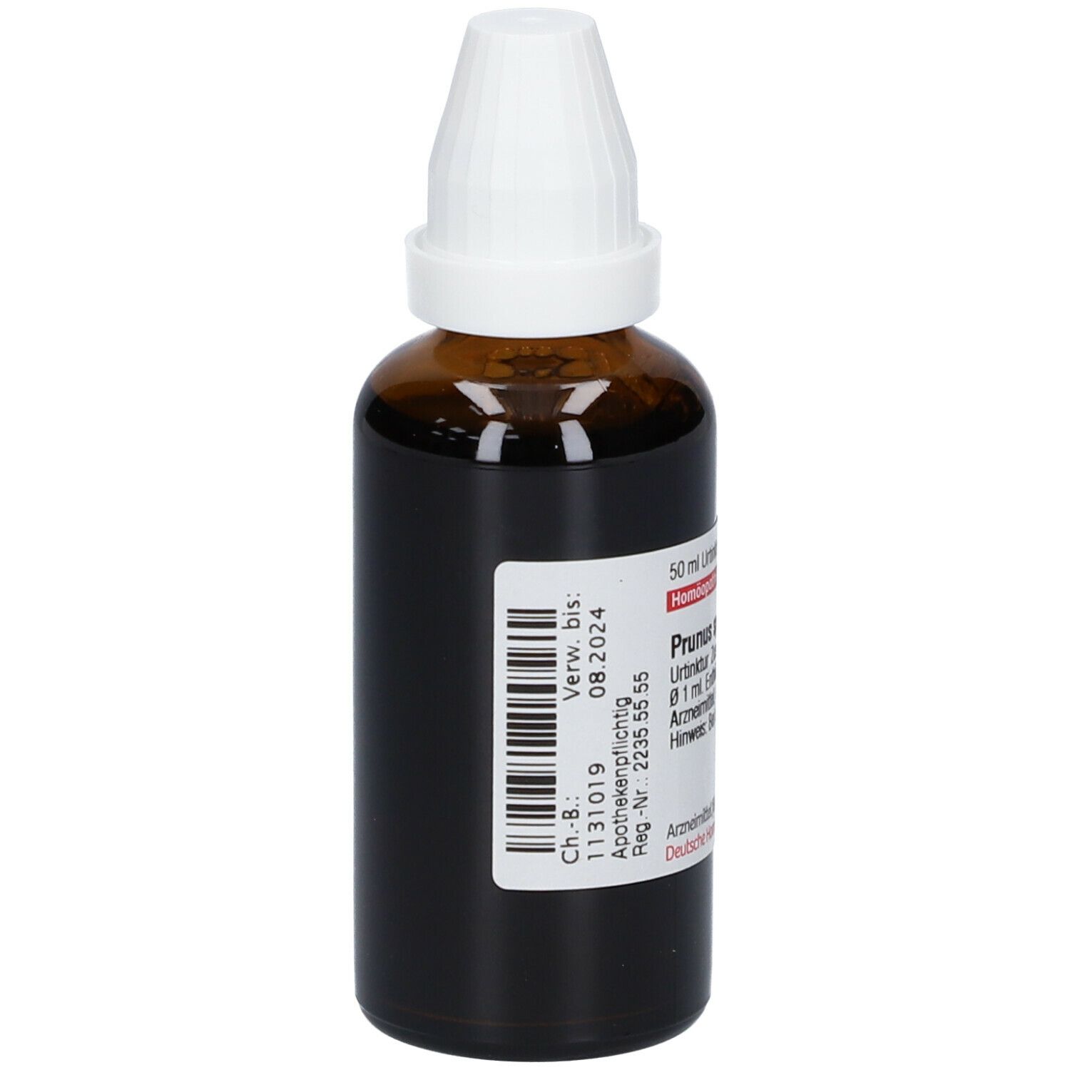 Braune Glasflasche mit weißem Verschluss. Etikett mit Barcode und Produktinformationen. Text: Prunus spinosa.