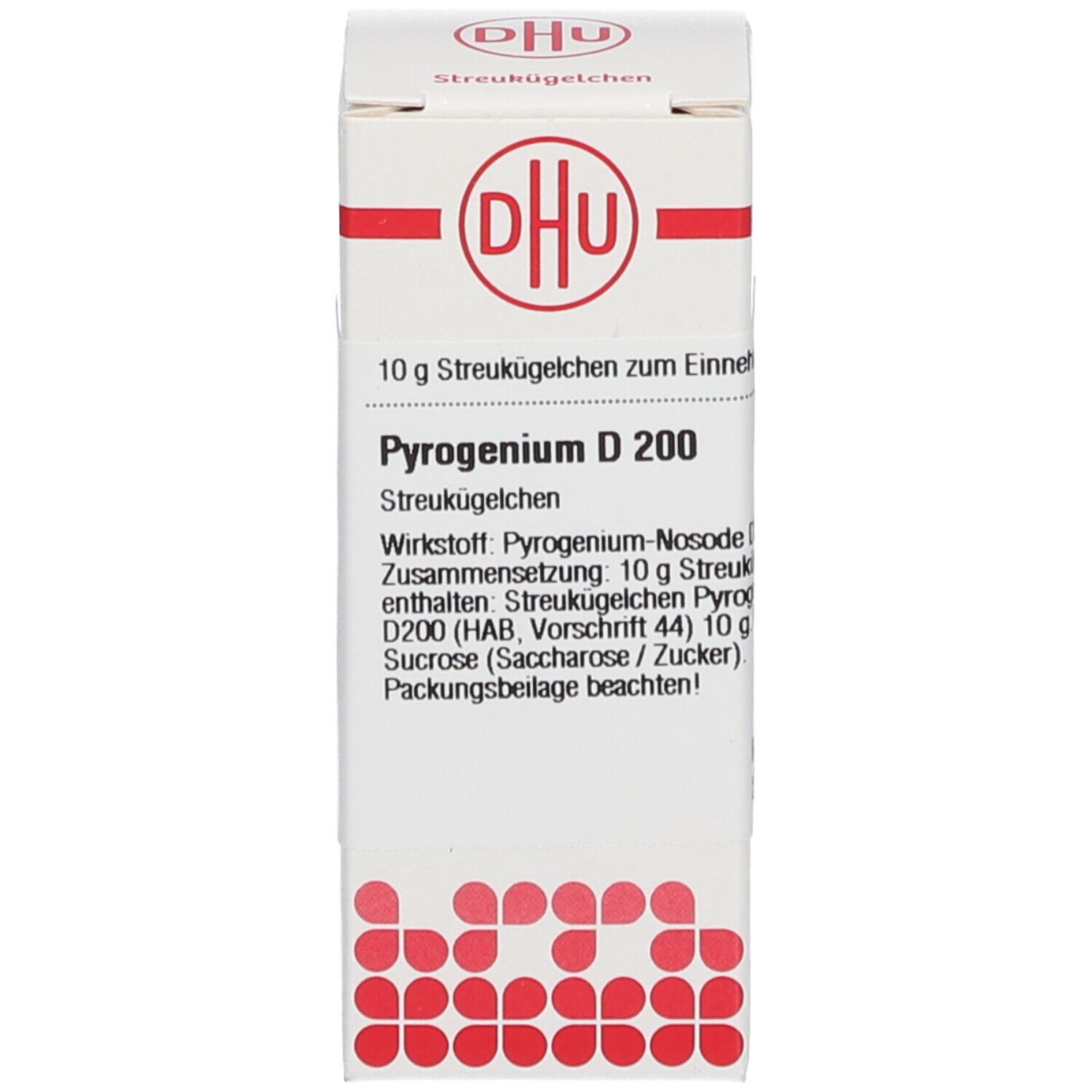 Produktverpackung. Schachtel mit DHU-Logo und Produktbezeichnung: Pyrogenium D 200. 10 g Streukügelchen.