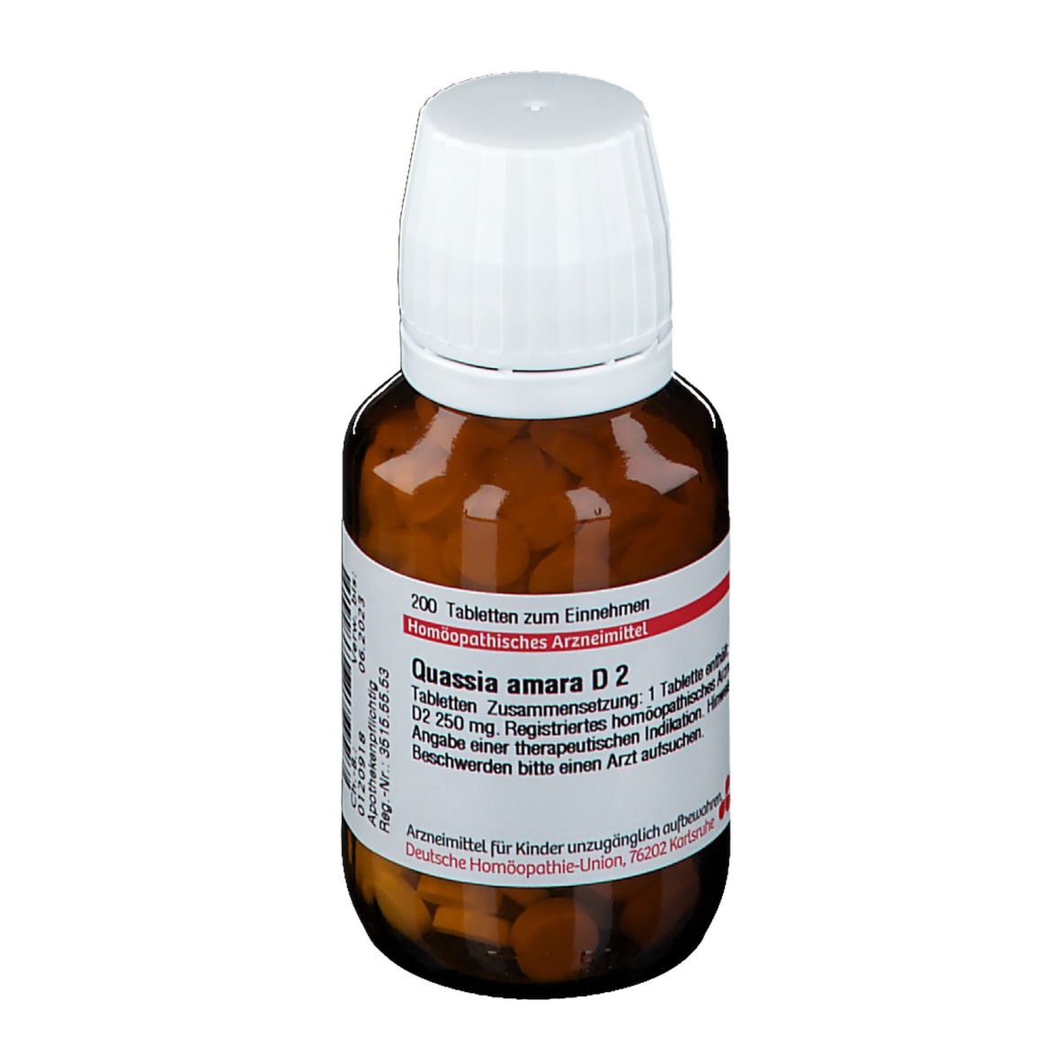 Braune Glasflasche mit weißen Tabletten. Weißer Deckel. Rotes und weißes Etikett mit Text: Quassia amara D2.