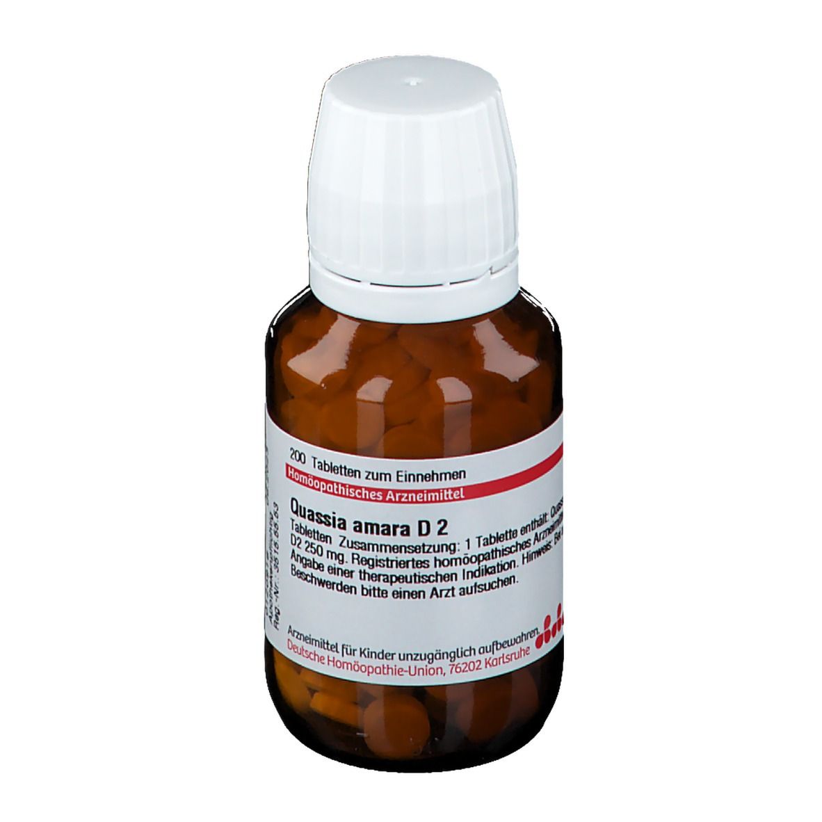 Braune Glasflasche mit weißen Tabletten. Weißer Deckel. Rotes und weißes Etikett mit Text: Quassia amara D2.