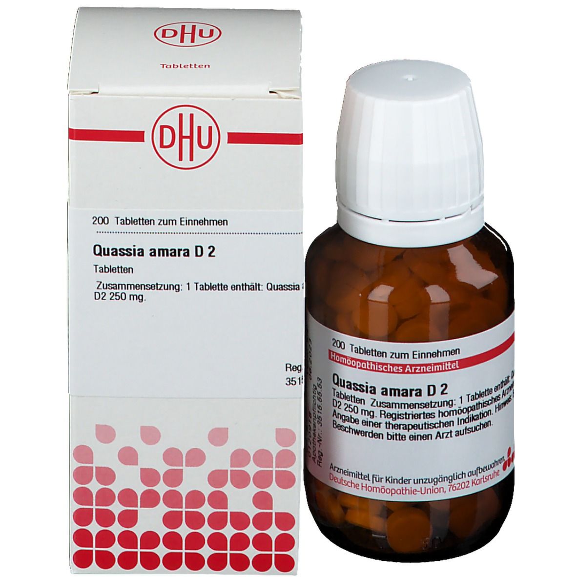 Produktverpackung mit Flasche und Schachtel. Flasche mit Tabletten, Schachtel mit Text: Quassia amara D2, DHU Logo.