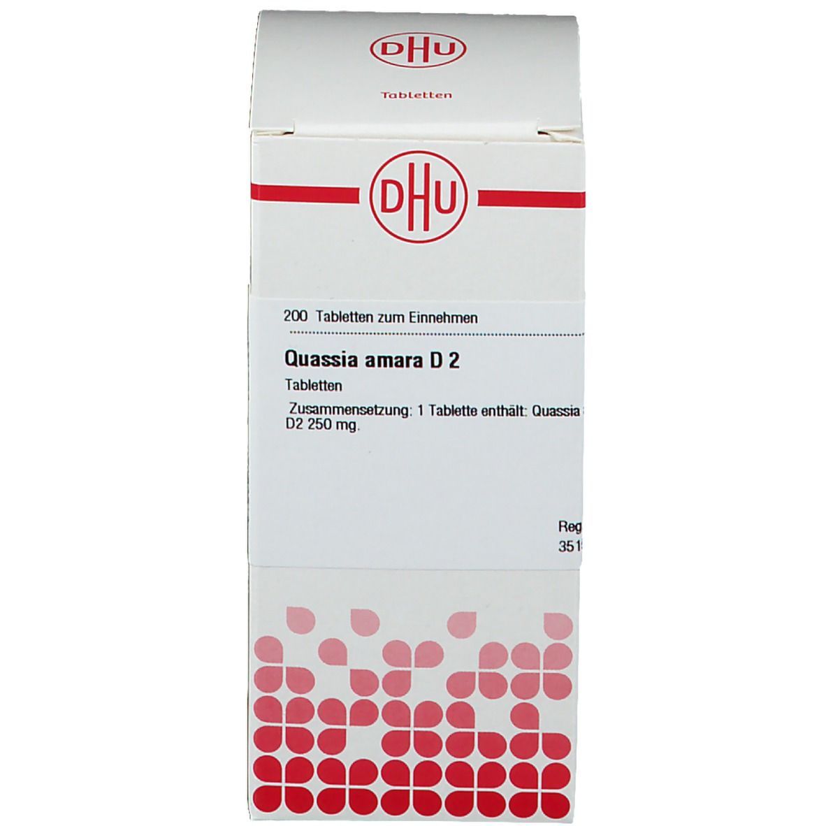 Weiße Schachtel mit rotem DHU-Logo. Text: Quassia amara D2, Tabletten. Rote und weiße Schrift.