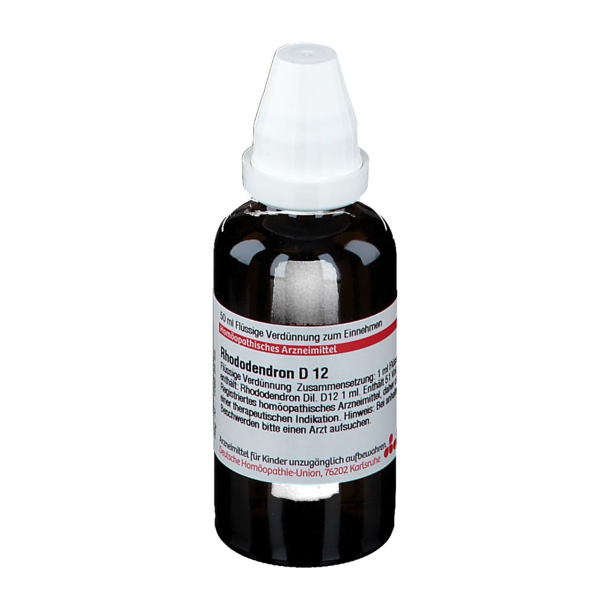 Braune Glasflasche mit weißem Verschluss. Etikett mit Produktnamen Rhododendron D 12 und weiteren Informationen.